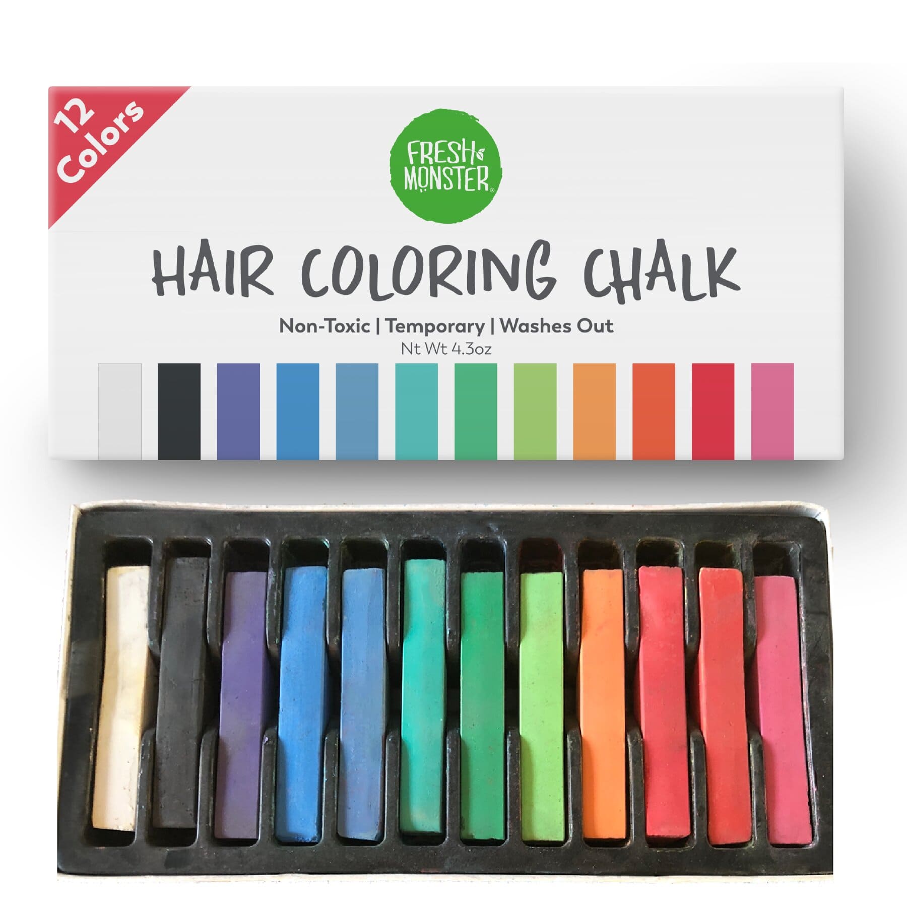 Fresh Monster Temporary Hair Coloring Chalk 12 Bright Colors Washes Out Easily Girls and Boys Non-Toxic and Safe for All Ages Hair Colors and Textures